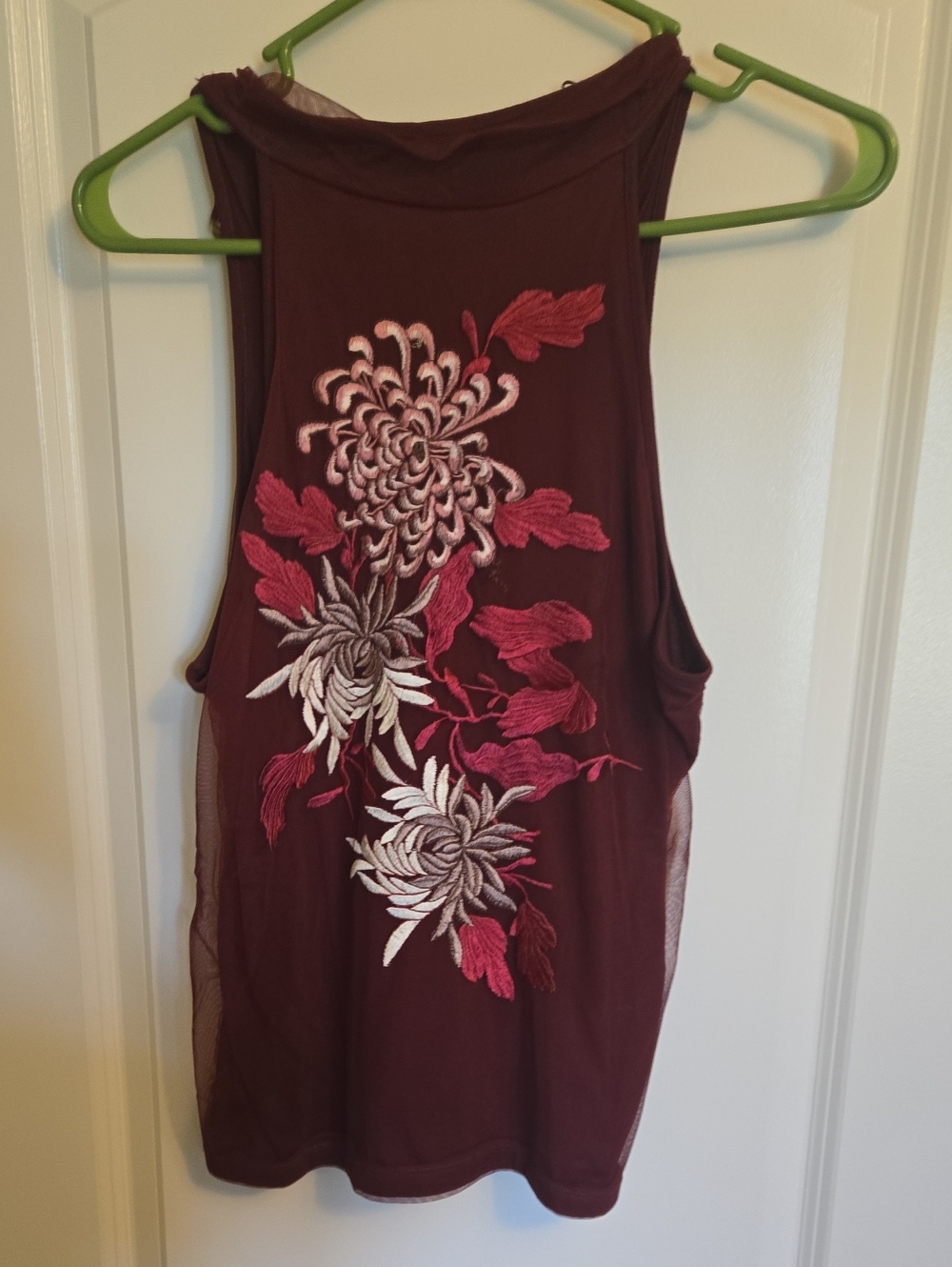 Anthropologie Maroon Tank Top with Pink and Cream Floral Embroidery Size L